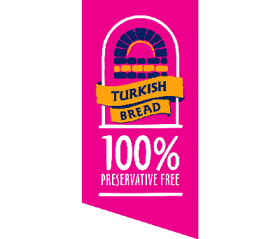 Bright pink advertisement for Turkish bread, claiming it is 100% preservative-free.