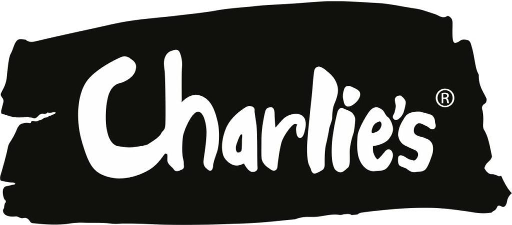 Charlie's logo in white text on a black torn paper background.