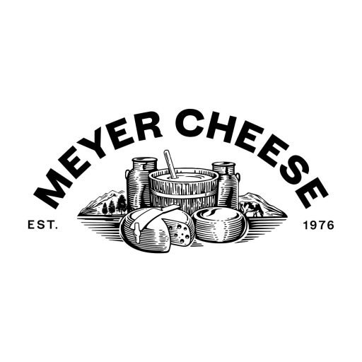 Logo for Meyer Cheese featuring a cheese wheel, cheese slices, jars, and a dairy farm background, with the text 'Meyer Cheese' and 'Est. 1976'.