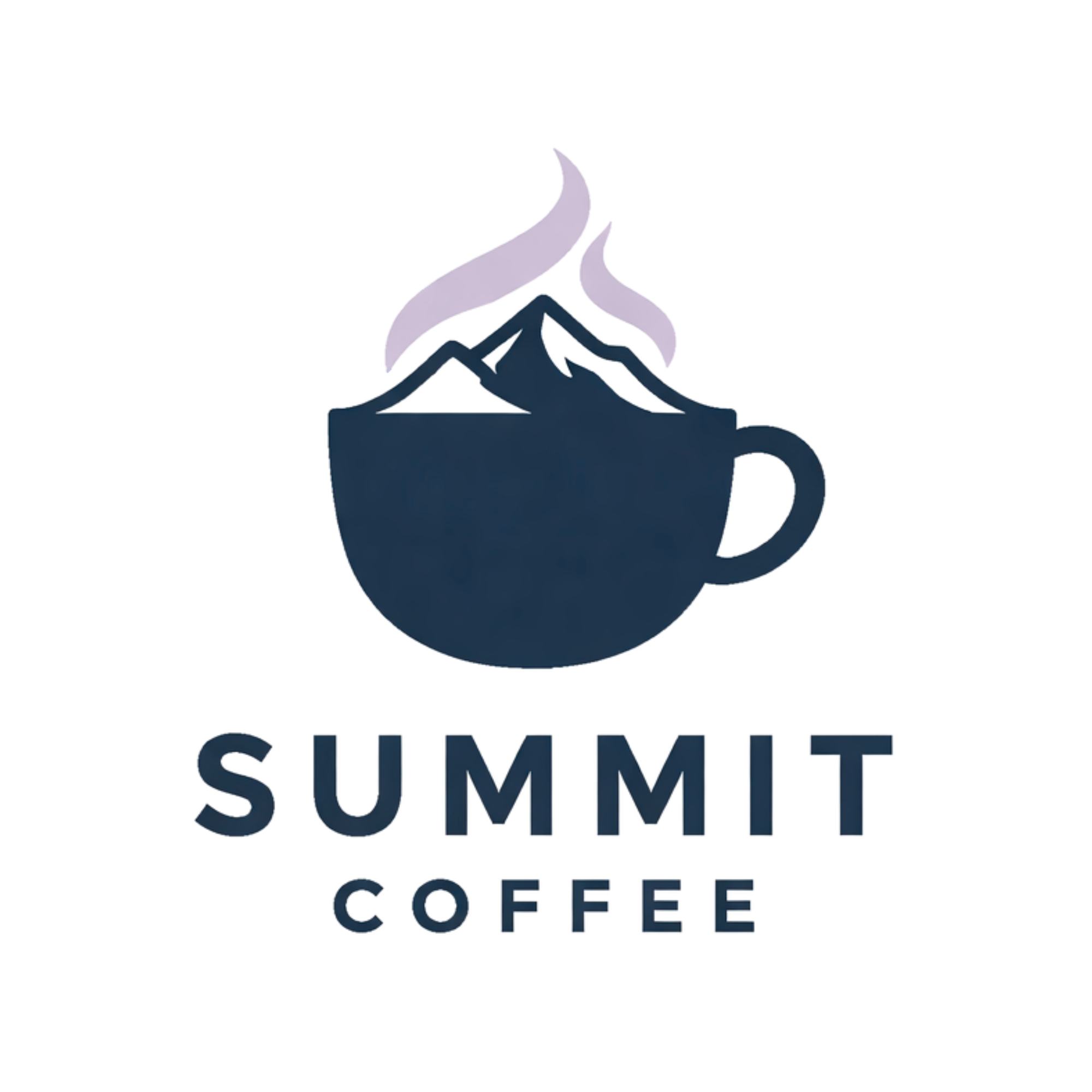 A logo featuring a mountain with purple smoke or steam rising above it, and the words 'SUMMIT COFFEE' below.