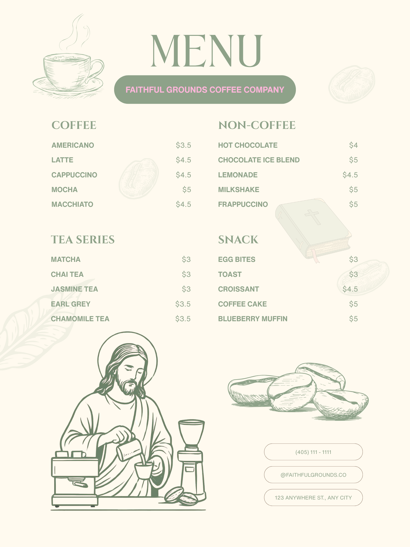 A coffee shop menu featuring various coffee, non-coffee drinks, tea, and snacks, with illustrations of a steaming coffee cup, bread, and a depiction of Jesus.