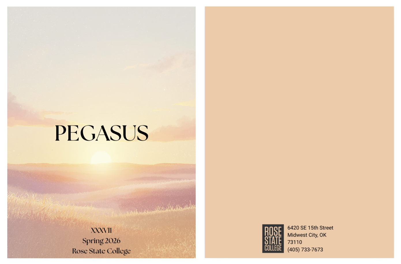 College admissions brochure cover with pastel sunset landscape. The title reads "PEGASUS" and below it is the Roman numeral "XXXVII," indicating the 37th edition for Spring 2026 at Rose State College. The back cover contains contact information and the Rose State College logo.