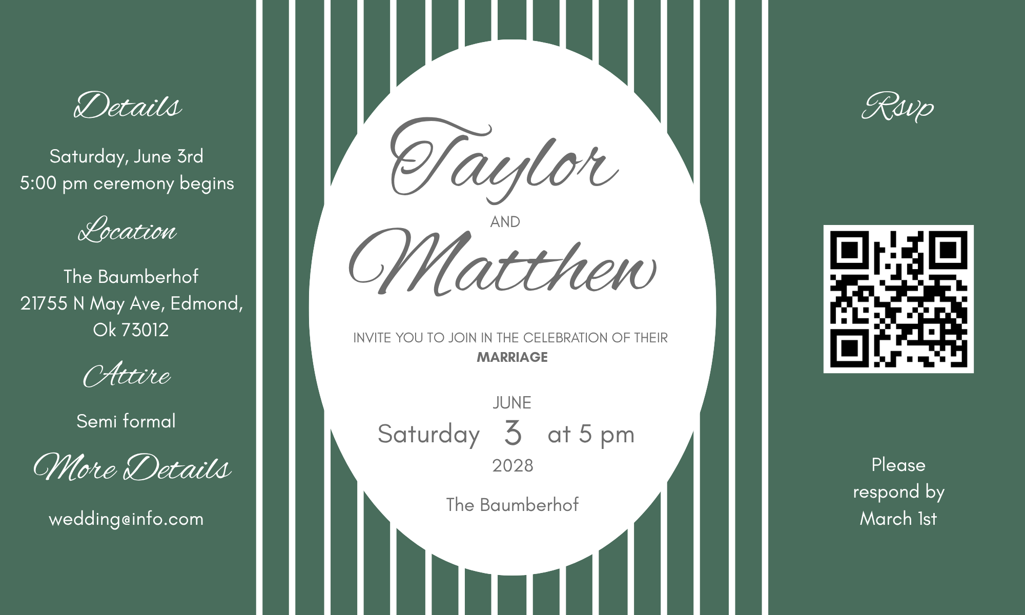 Wedding invitation for Taylor and Matthew with details about the ceremony on June 3rd at The Bamberhof, Edmond, Oklahoma, including a QR code in the bottom right corner.
