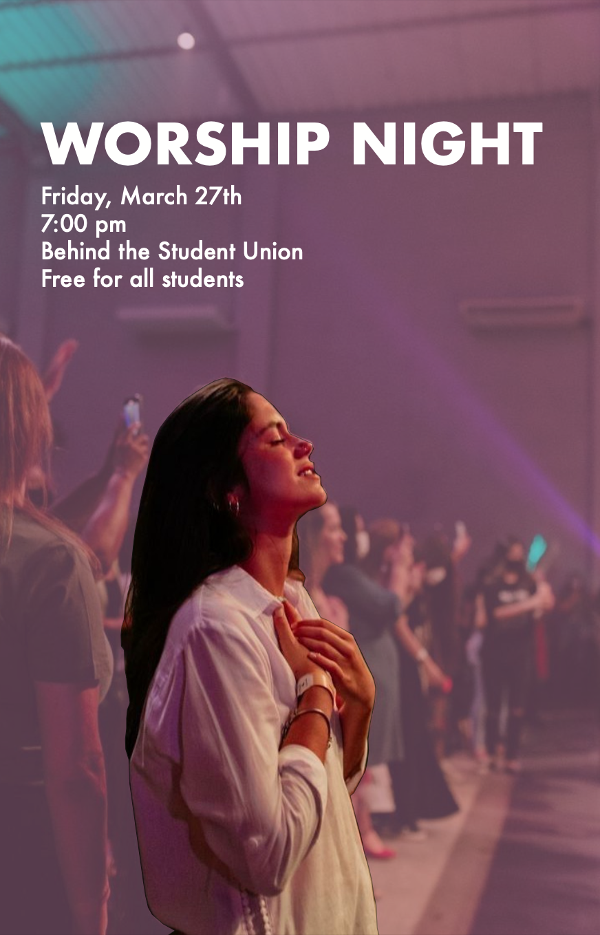 Poster for worship night event featuring a woman praying with her eyes closed and hands on her chest, with a group of people in the background in a dimly lit setting.