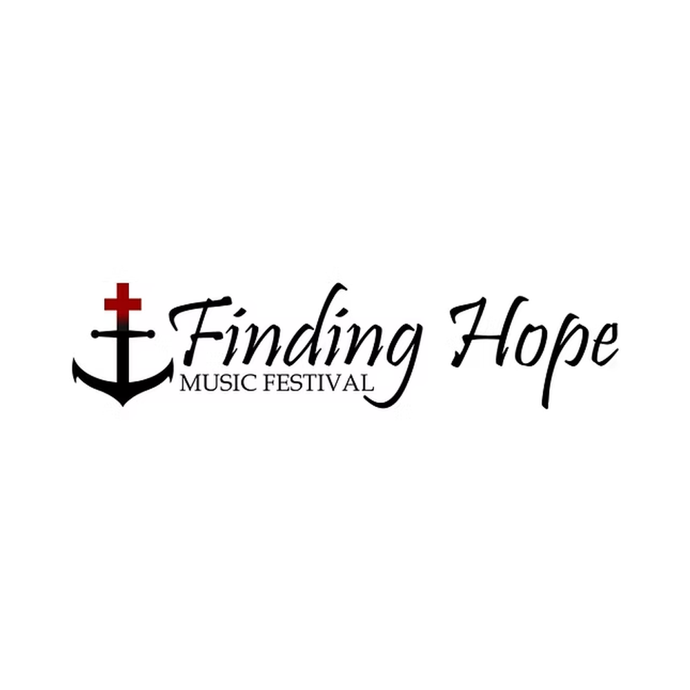 Logo for 'Finding Hope Music Festival' featuring a black anchor with a red cross on top, and stylized text that says 'Finding Hope' with smaller text below that reads 'Music Festival'.