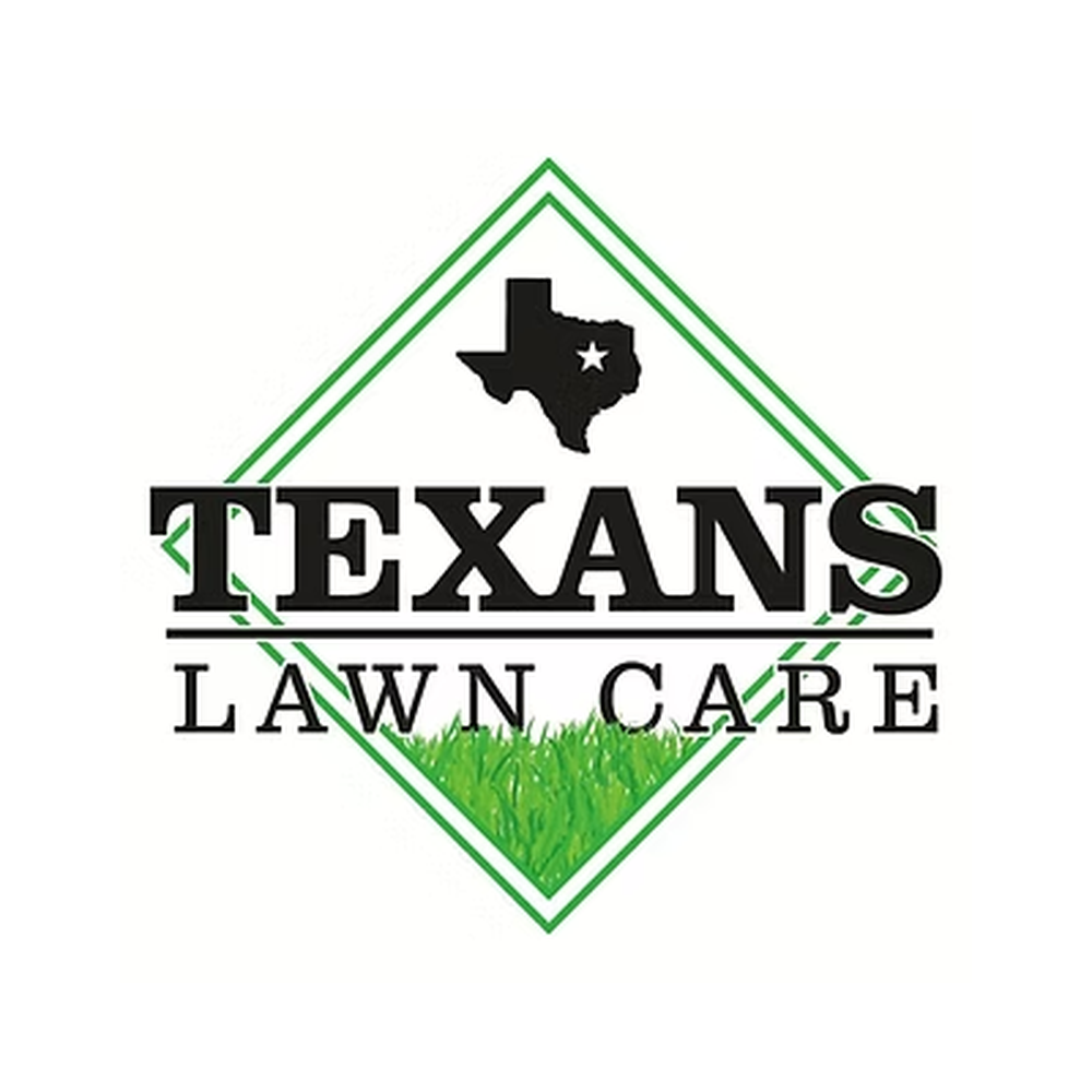 Logo for Texas Lawn Care featuring a black shape of Texas with a star, surrounded by green geometric lines, and grass at the bottom.