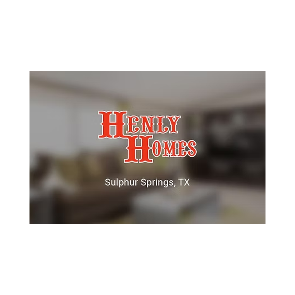 Brochure cover for Henly Homes, located in Sulphur Springs, Texas, with a blurred interior background.