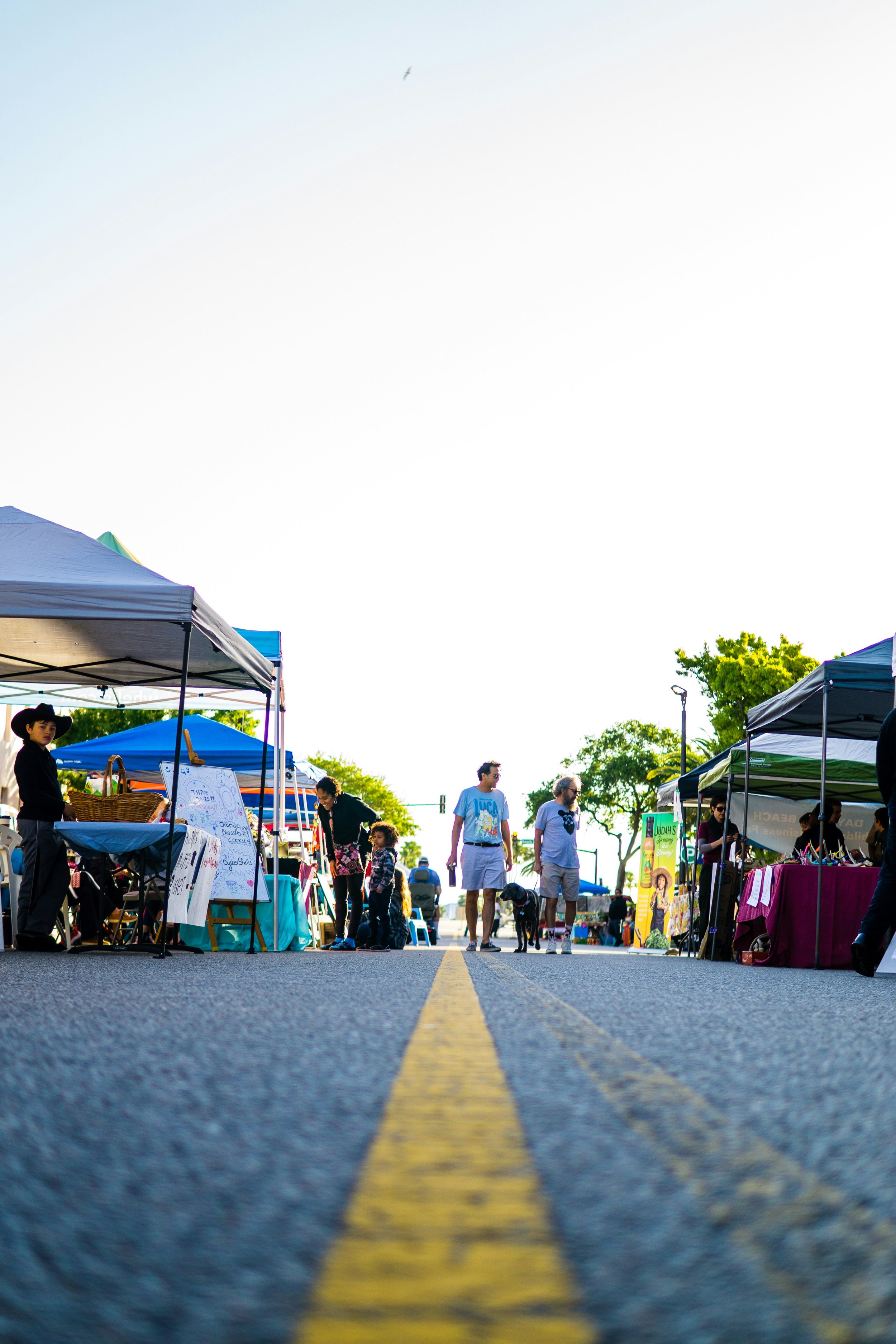 People walking and browsing booths at an outdoor market or fair set up along a street with overcast sky.