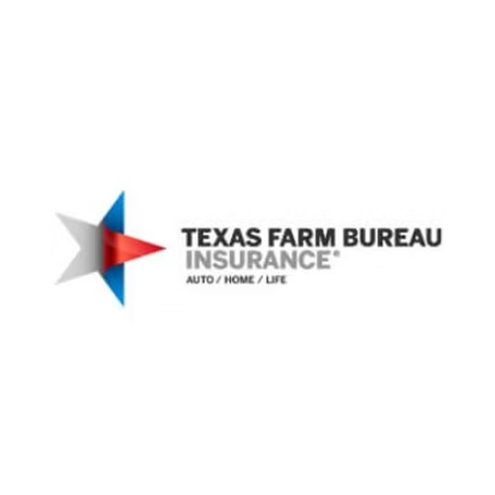 Logo of Texas Farm Bureau Insurance with a star graphic and text indicating coverage for auto, home, and life.
