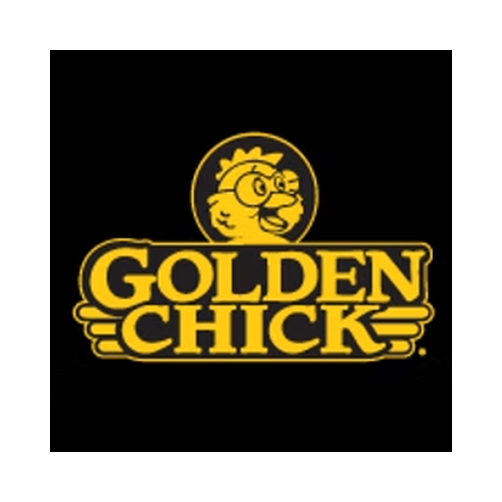 Logo of Golden Chick featuring a cartoon chicken wearing glasses, with the words 'Golden Chick' in bold yellow letters on a black background.
