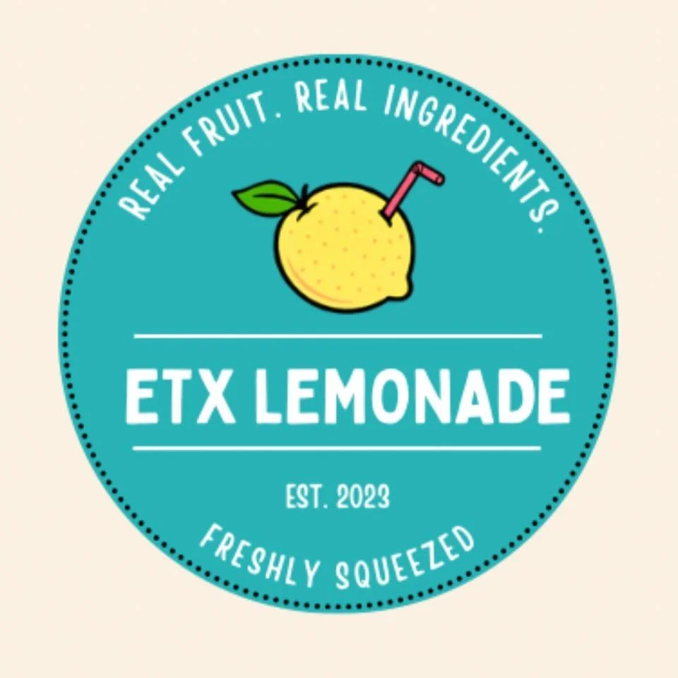 A circular logo for ETX Lemonade featuring a lemon with a straw and a green leaf, with text around it stating 'Real Fruit. Real Ingredients.', 'EST. 2023', and 'Freshly Squeezed'.