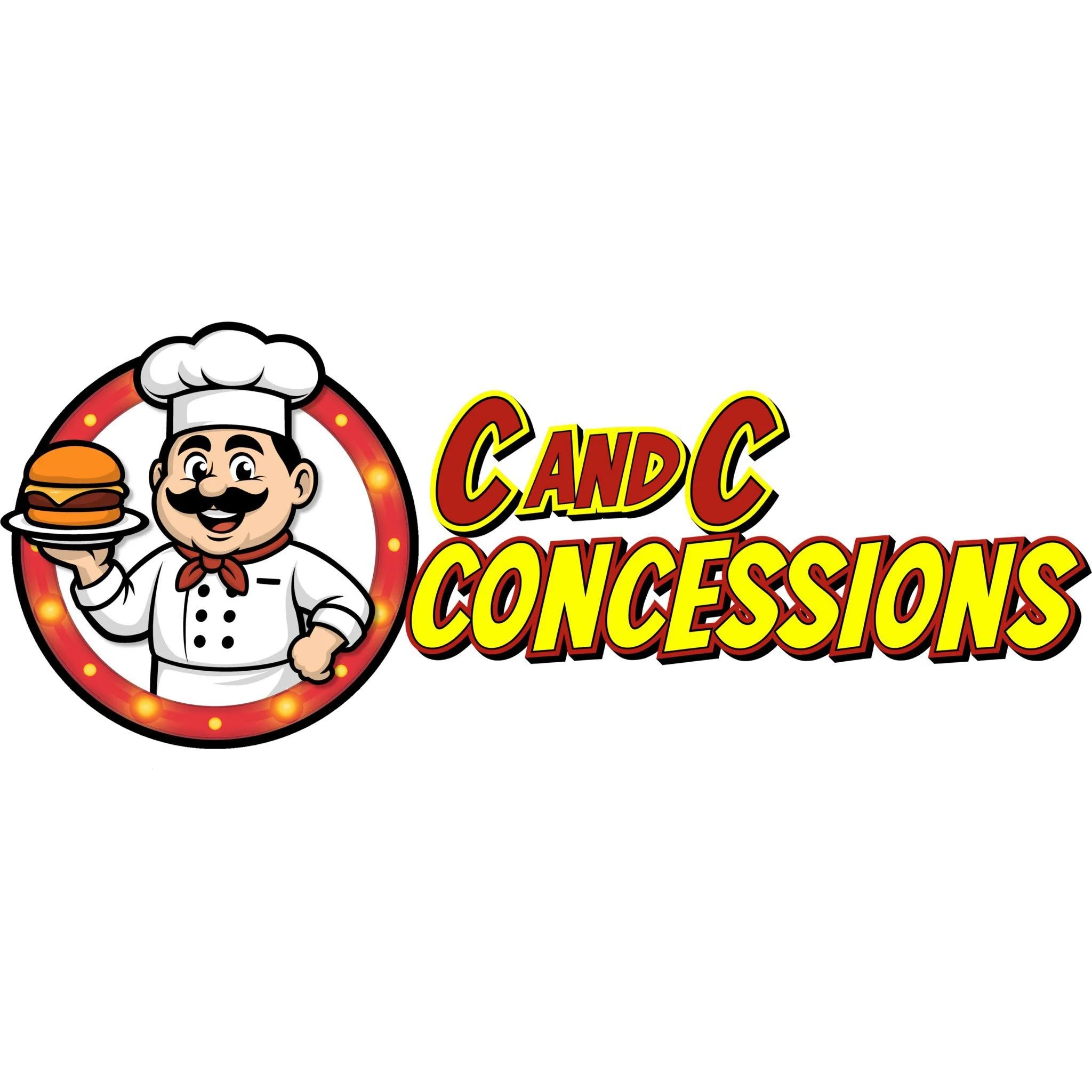 Cartoon chef with mustache and white hat holding a burger, surrounded by a circular red sign with yellow lights and the text "CANDC" in red and yellow with phrases "Confections" and "Cooks".
