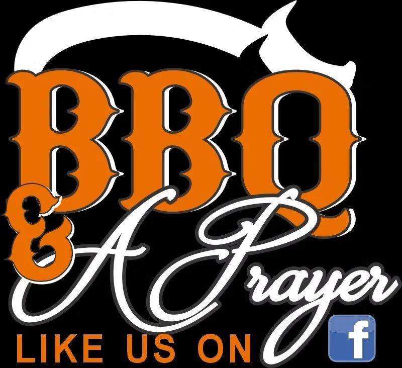 Graphic that says "BBQ & A Prayer" with the Facebook logo and the text "Like us on" in orange.