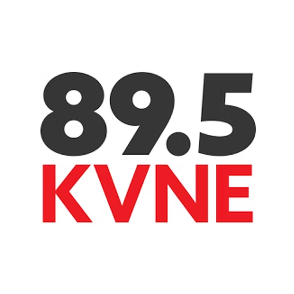 Radio station logo with frequency 89.5 and call sign KVNE in red letters