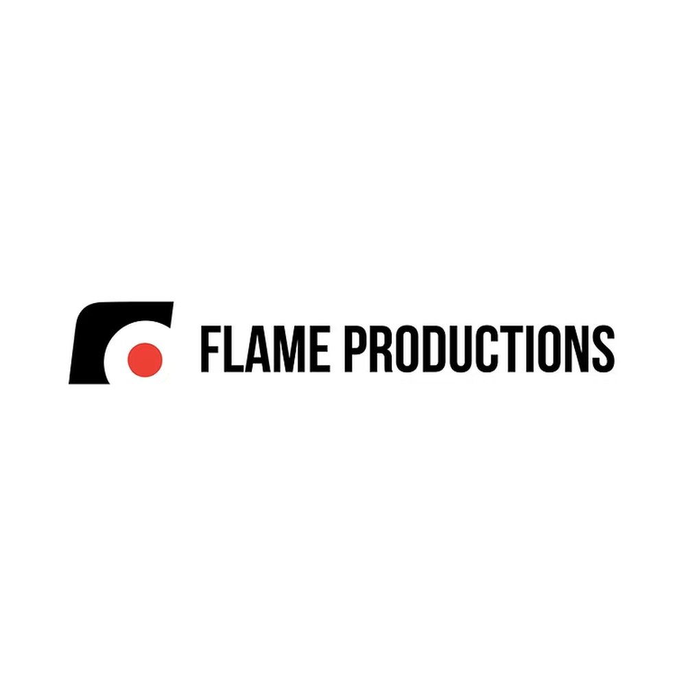 Logo of Flame Productions with a stylized black and red fire icon and the company name in bold black letters.