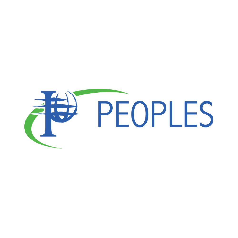Logo with globe and abstract 'P', the word 'PEOPLES' in blue text