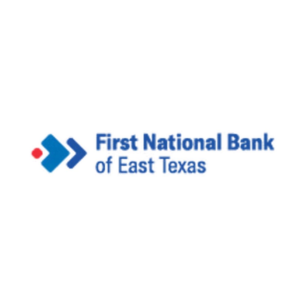 Logo of First National Bank of East Texas featuring a stylized arrow design in blue and red with the bank's name in blue text.