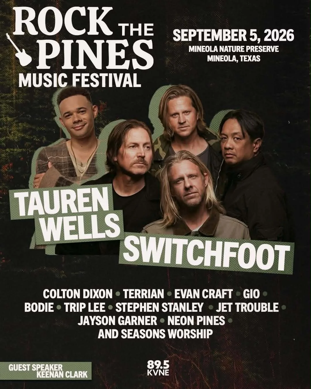 Poster for the Rock the Pines Music Festival on September 5, 2026, at Mineola Nature Preserve in Mineola, Texas, featuring the bands Tauren Wells and Switchfoot, with additional performers listed below, and guest speaker Keenan Clark.