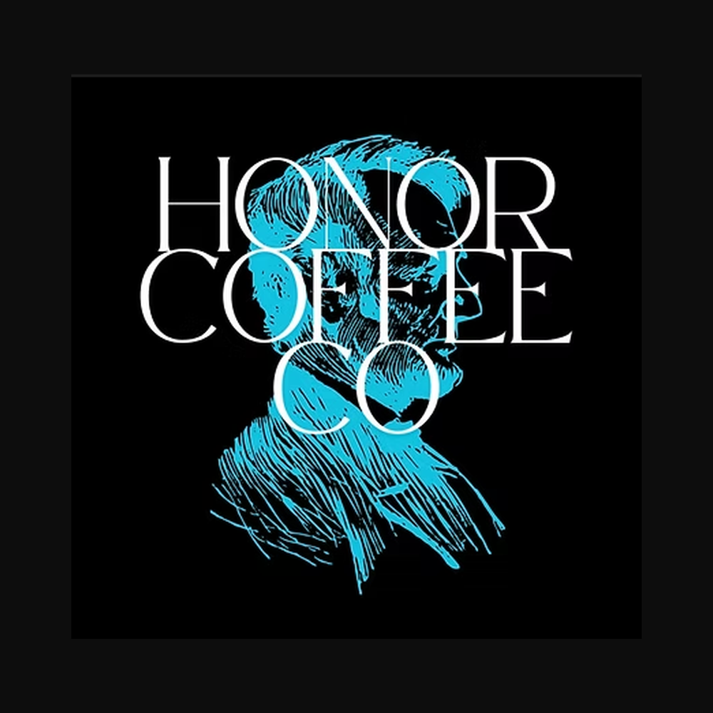 Stylized blue illustration of a man wearing glasses and a suit with the text 'Honor Coffee' overlayed on top.