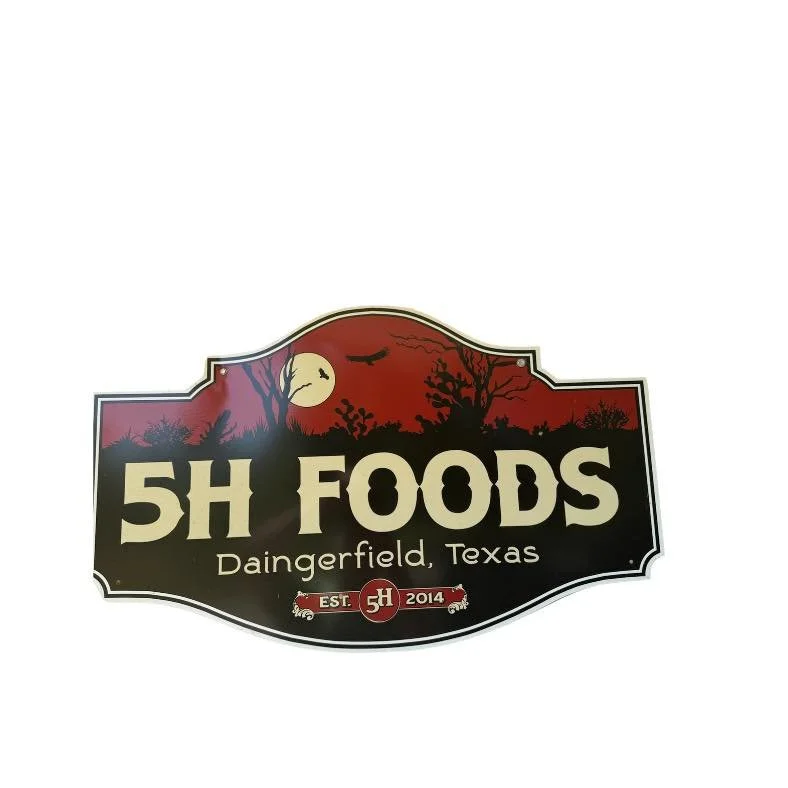 Logo for 5H Foods, a restaurant in Daingerfield, Texas, established in 2014, featuring a haunted house and moon silhouette with dark trees.