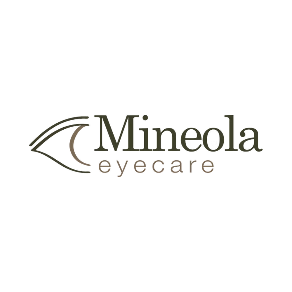 Logo for Mineola Eyecare featuring an eye outline with stylized lines and the text 'Mineola Eyecare' in black and brown