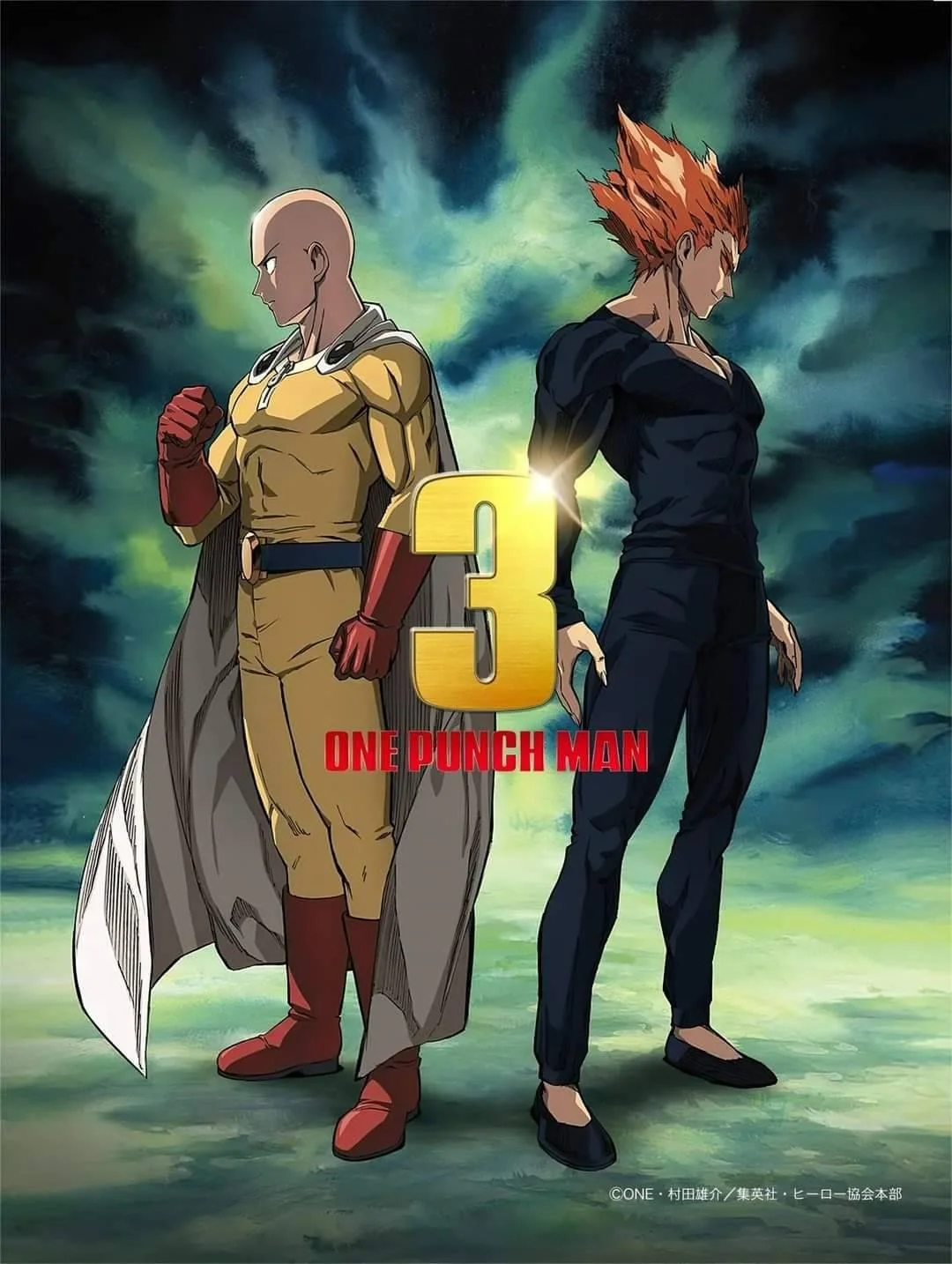 Anime poster featuring Saitama in a hero costume and Sabo with fiery hair, with a stormy sky background and the text "3 ONE PUNCH MAN."