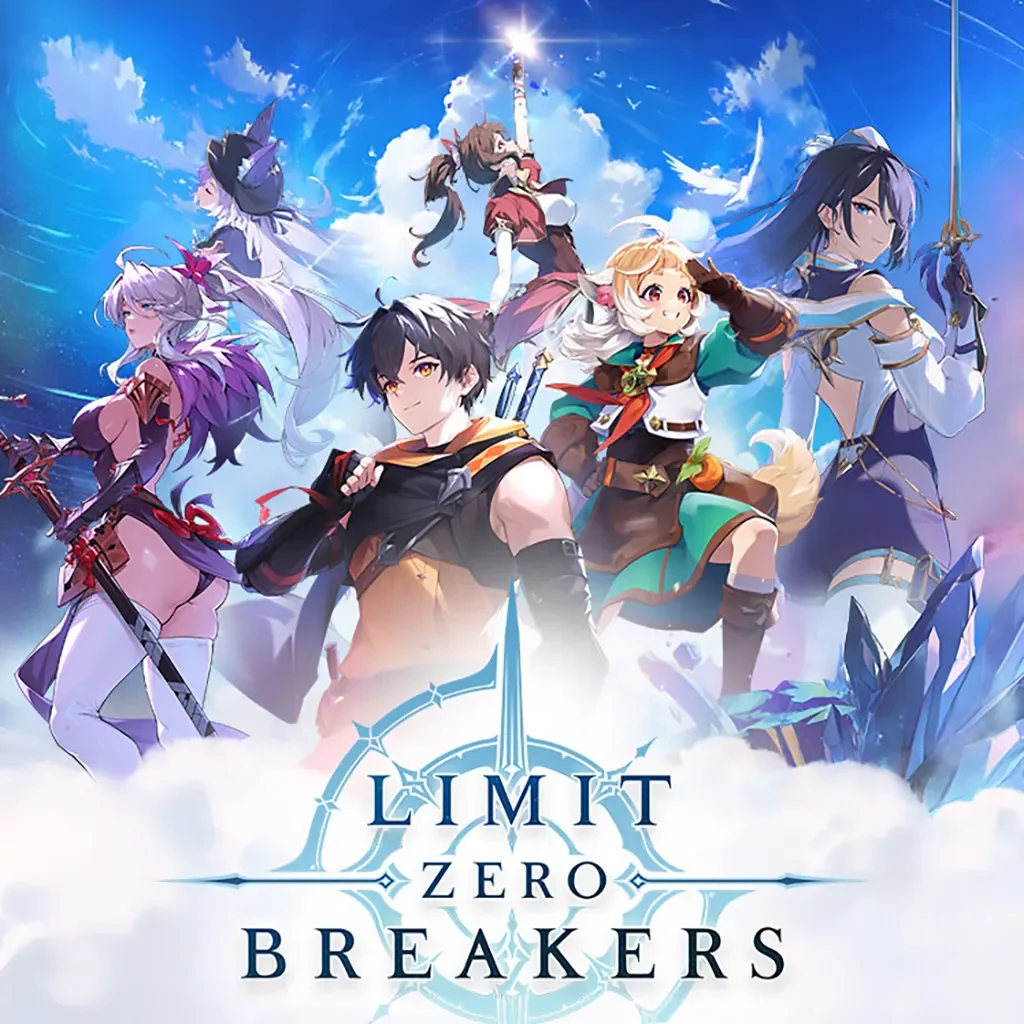 Fantasy artwork featuring five anime-style characters in vibrant costumes, standing against a sky with clouds and clouds with white birds flying. The title 'Limit Zero Breakers' is displayed at the bottom.