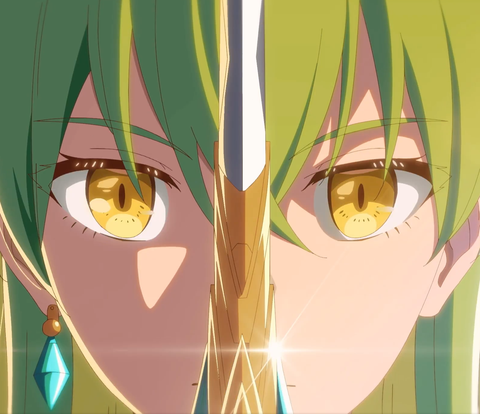 Close-up of a split image of two anime-style characters with green hair and golden eyes, facing each other, separated by a narrow vertical strip with a glowing golden sword in the middle.