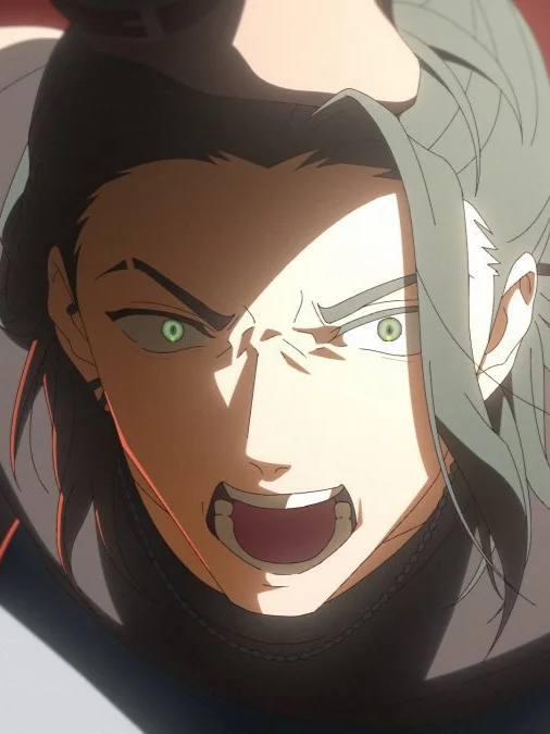 Close-up of an animated character with angry expression, bared fangs, and intense green eyes, with exasperated eyebrows and disheveled hair.