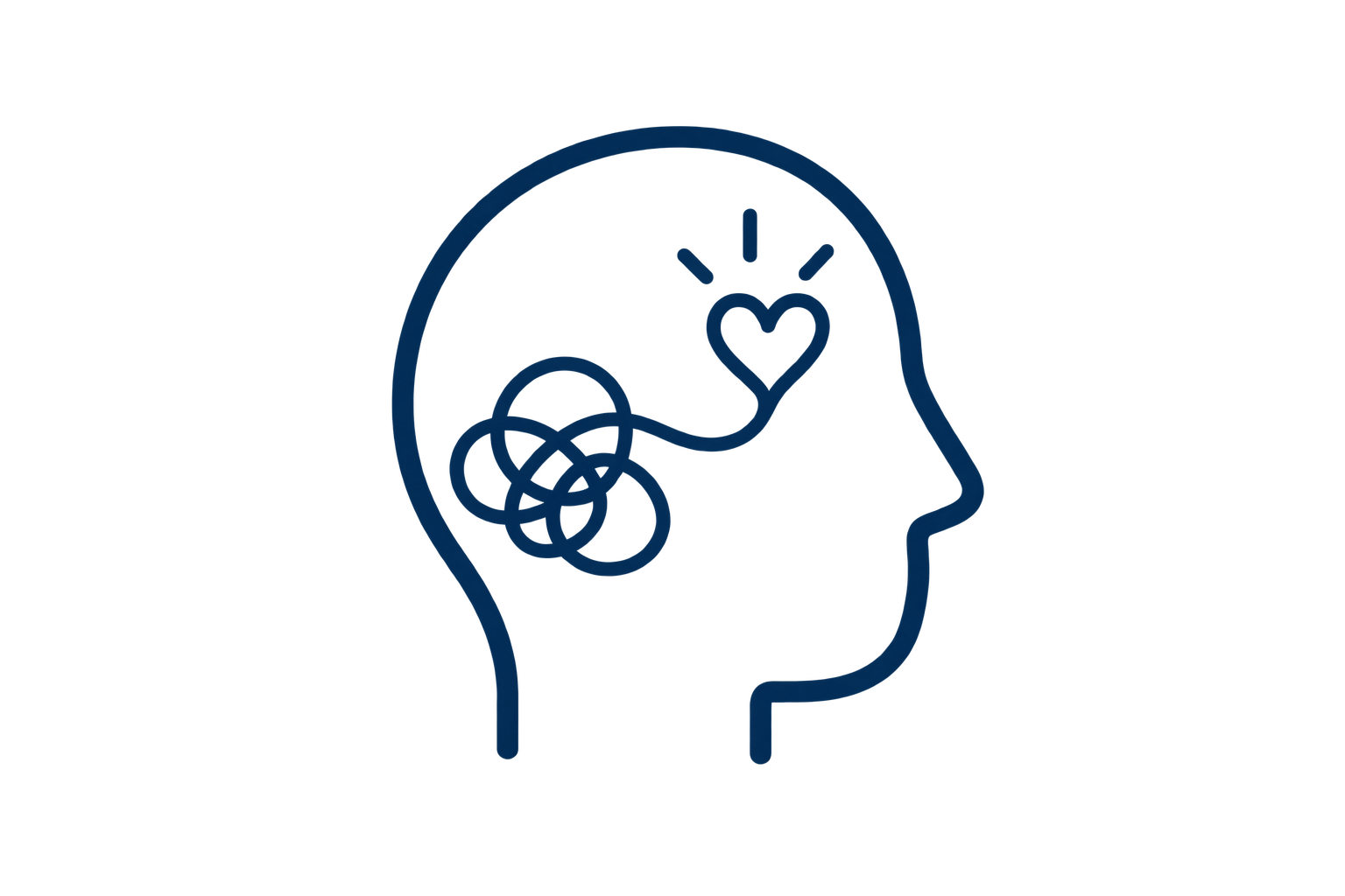 Head silhouette with tangled lines unwinding into a heart, representing trauma recovery