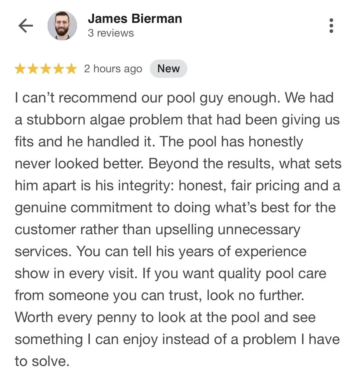 Screenshot of a Google review for a pool service, written by James Bierman, praising the pool guy for handling algae problems with integrity and honesty.