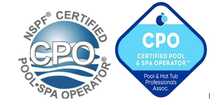 NSPF Certified Pool and Spa Operator (CPO) certification logos for pool and hot tub professionals.