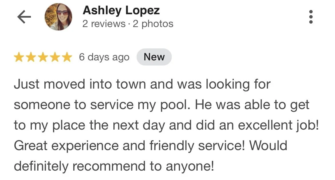 Screenshot of a Google reviews page for Ashley Lopez, containing a five-star review about her service in helping to find a pool service provider for her new home.