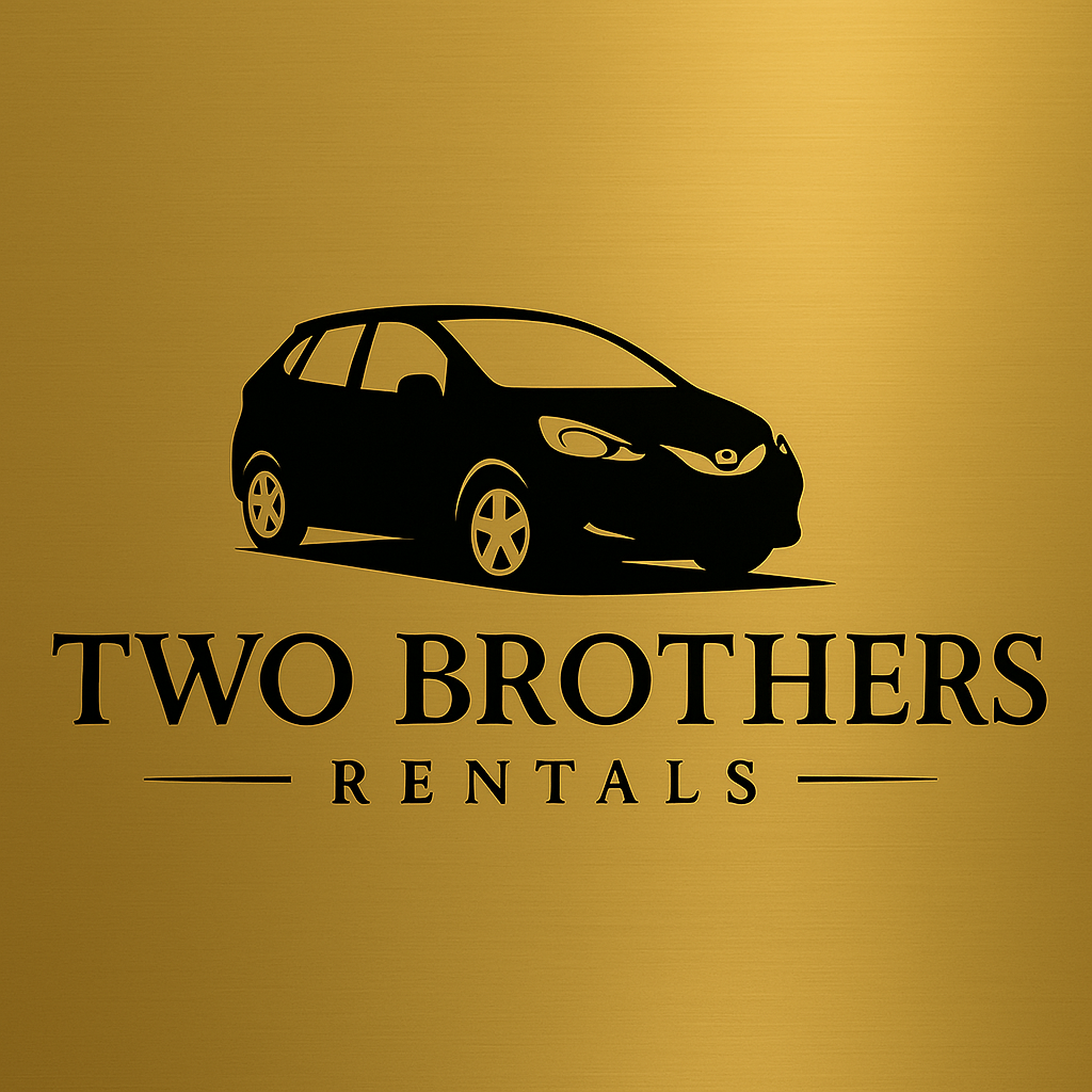 Logo for Two Brothers Rentals featuring a black silhouette of a car on a gold background.