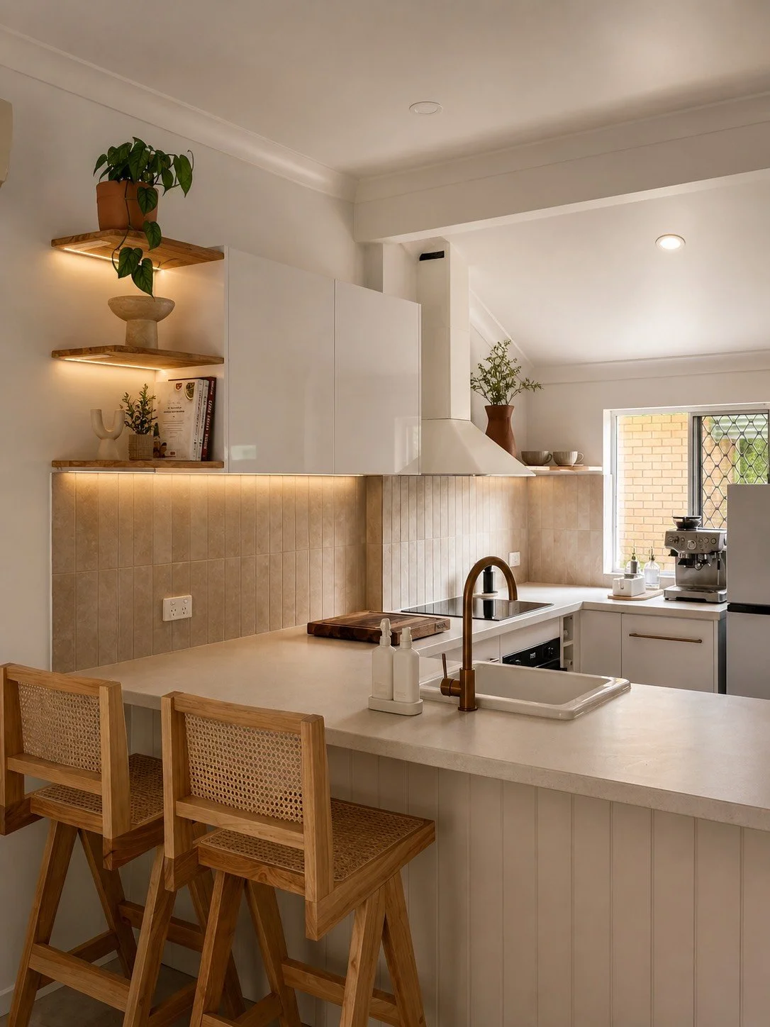 Modern kitchen with white cabinets, beige backsplash, wooden shelves with plants and decor, and a breakfast bar with wooden chairs.