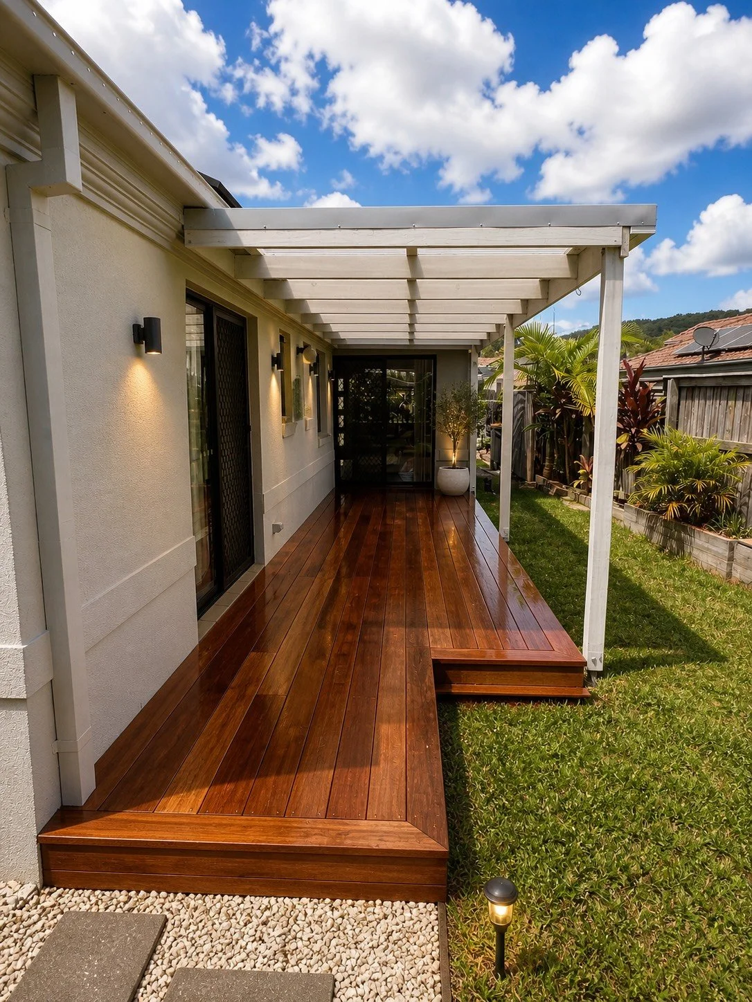 Backyard patio with a polished wooden deck and a white pergola, adjacent to a beige house with outdoor wall lights, surrounded by green grass and plants.