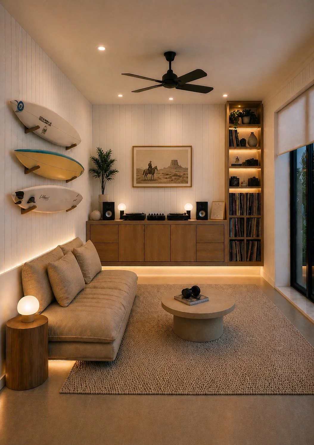 Living room with beige sofa, round side table with lamp, textured rug, wall-mounted surfboards, wall art of a cowboy on horseback in desert, tall bookshelf with books and decorative items, dark wood cabinet with speakers and turntable, potted plant, and sliding glass door to the right.