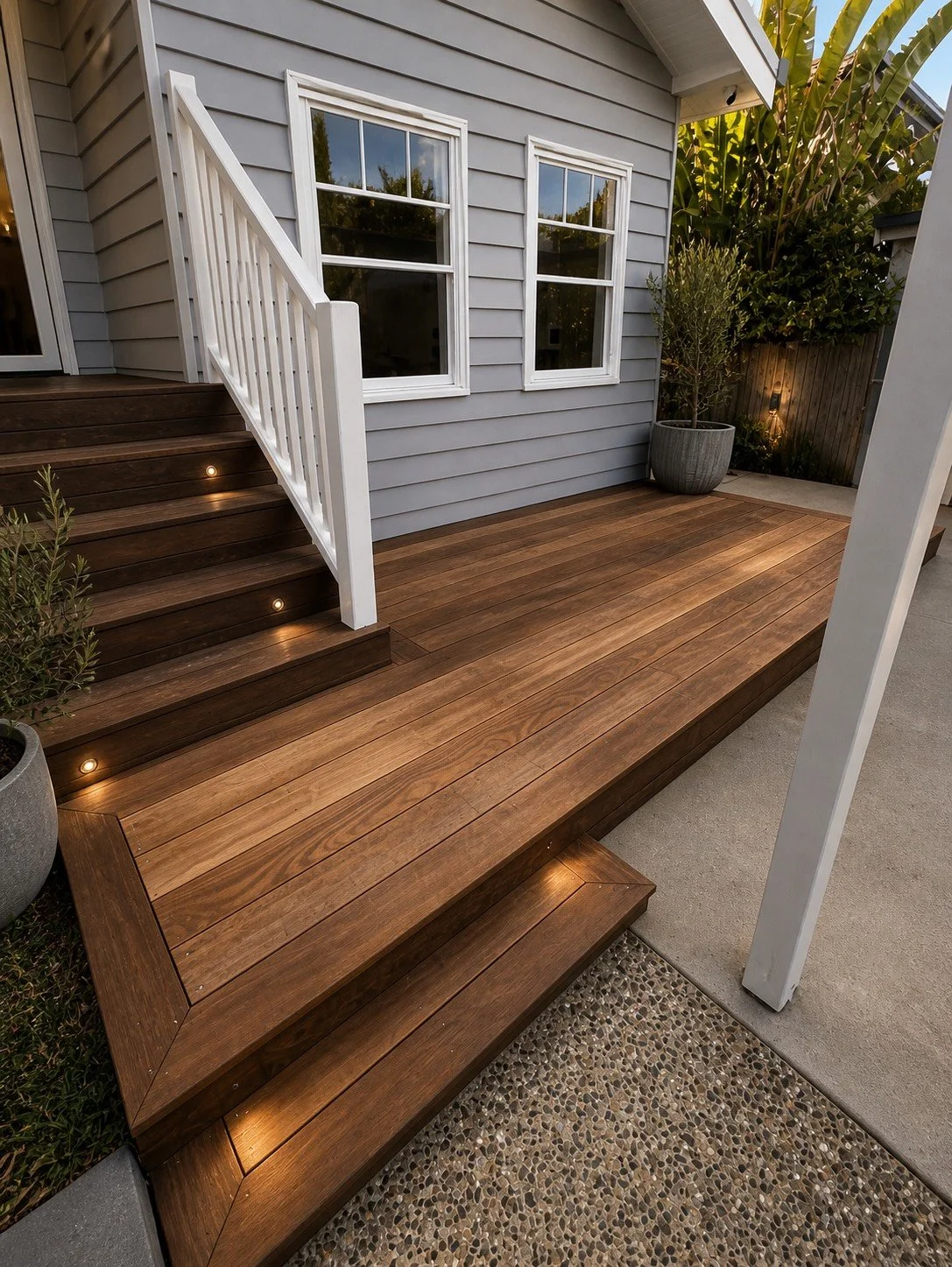 A wooden deck with built-in steps and interior lighting, adjacent to a house with gray siding, two white-framed windows, and potted plants, surrounded by greenery.