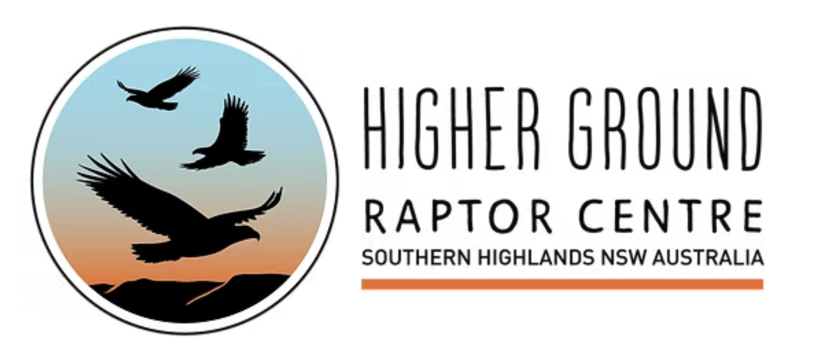 Logo for Higher Ground Raptor Centre in the Southern Highlands of NSW, Australia, featuring silhouettes of three flying raptors against a colored sky background.