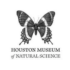 Black and white illustration of a butterfly with the text 'Houston Museum of Natural Science' beneath it.