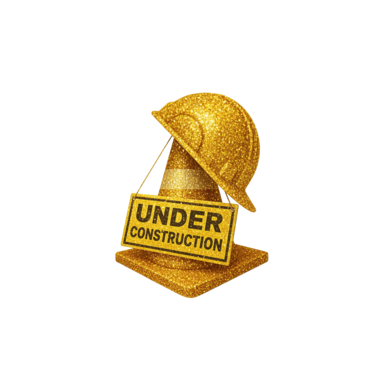 Gold glittery construction cone with a hard hat on top and an 'Under Construction' sign hanging from it.