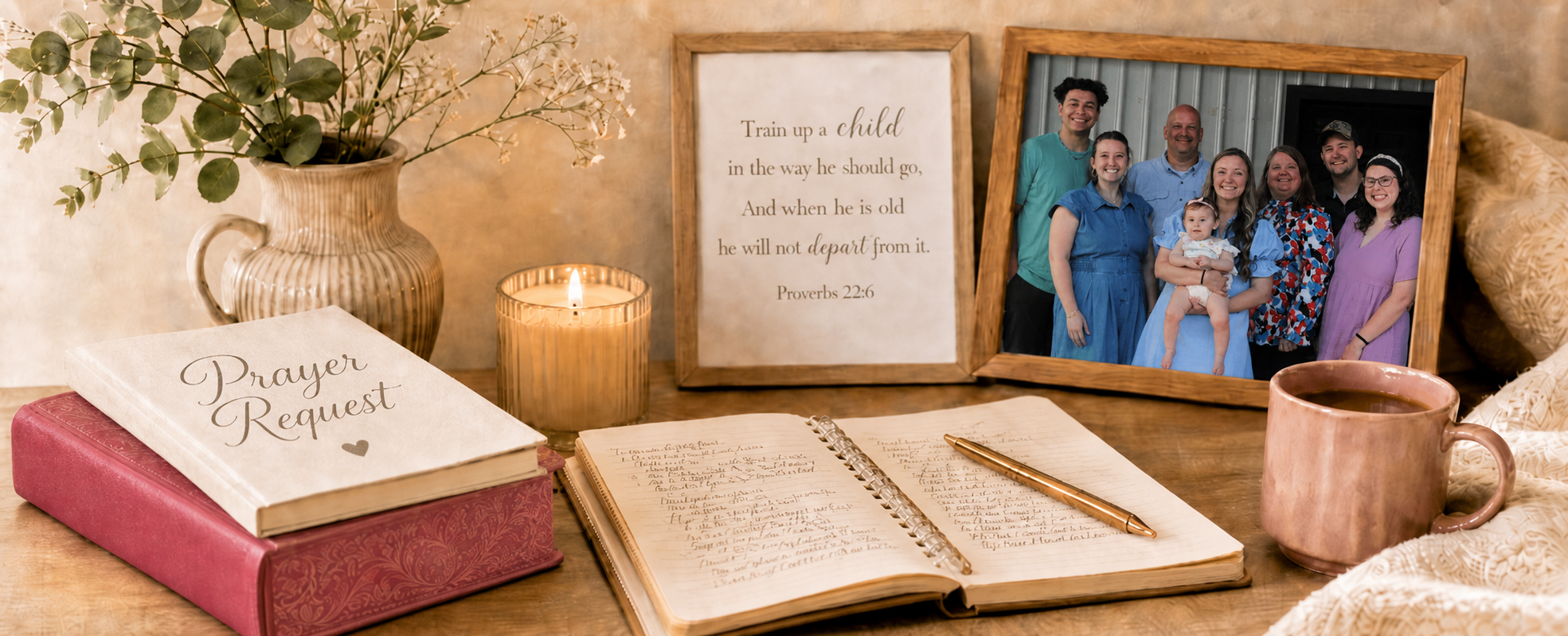 A decorative table displays a prayer request book, an open notebook with handwritten notes and a pen, a lit candle, a vase with green leaves and white flowers, a framed Bible verse from Proverbs 22:6, a family photo in a frame, a pink mug, and some textured cushions.