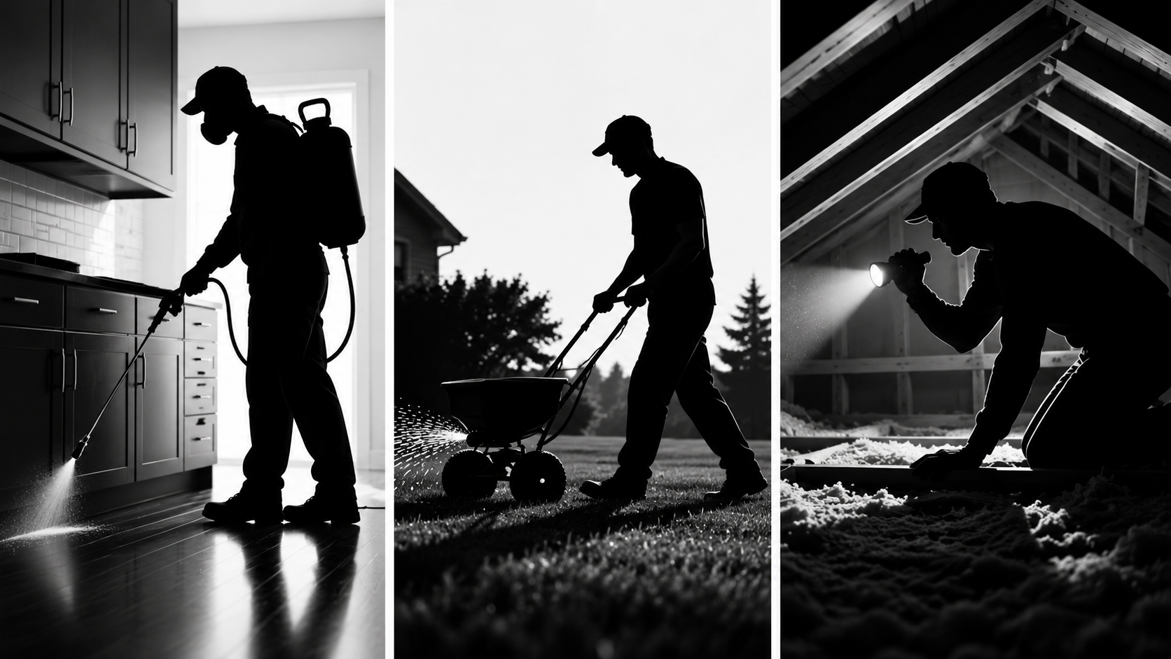 Silhouettes of a person cleaning inside, watering a lawn outside, and working in a snowy attic.