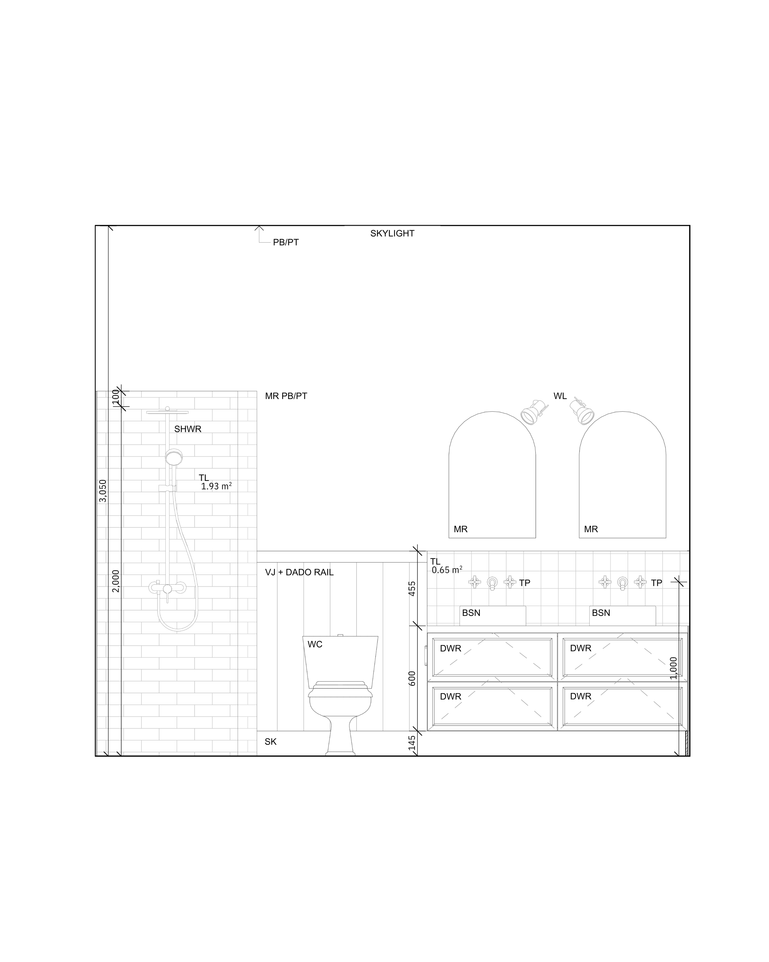 Architectural floor plan showing a section of a house with a shower area, bedroom spaces, and various labeled fixtures and measurements.