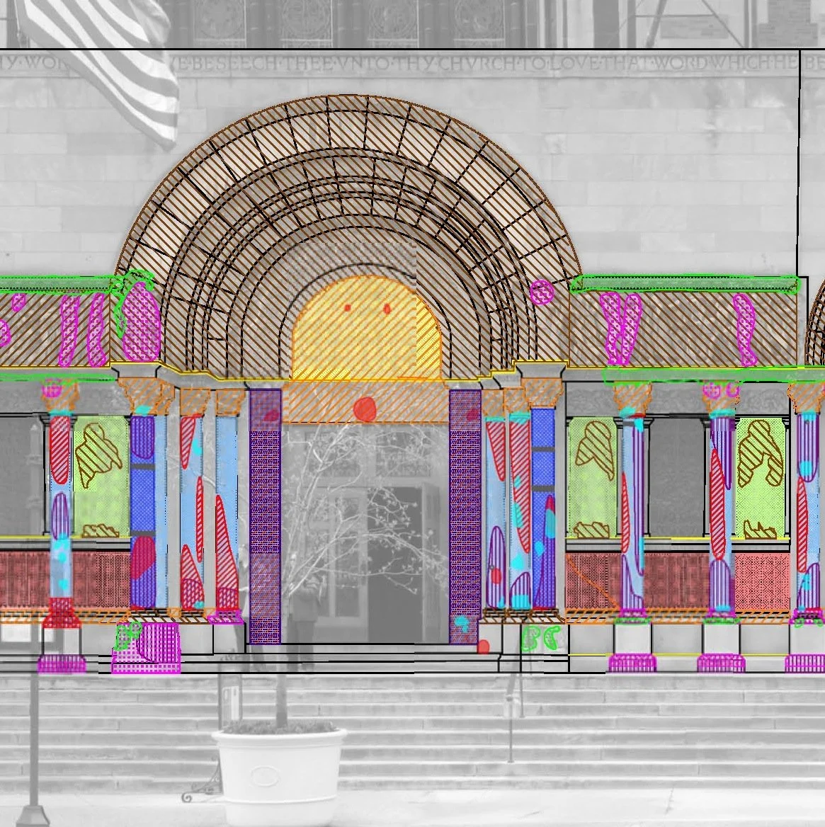 Color-coded architectural drawing of a building facade with columns, arch, and steps, including decorative elements and a large central archway.