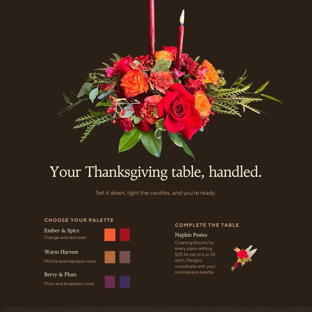 Your Thanksgiving table, handled. 🍂
Three palettes, one-of-a-kind, made fresh: Ember &amp; Spice, Warm Harvest, Berry &amp; Plum. $185, only 5 of each.
Free delivery in Calgary on Saturday Oct 10. Order by Oct 6.
Text 825-583-8212 or scan the QR in 
