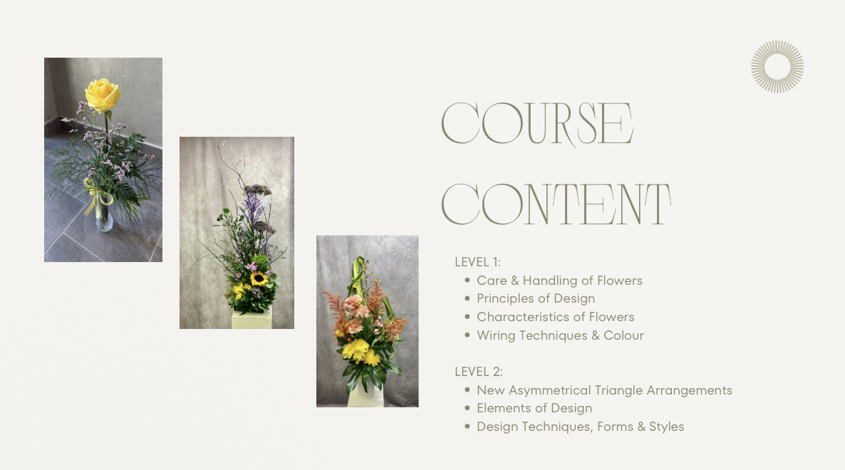 Portfolio page showing three floral arrangements from Level 1 and Level 2 floral design courses.