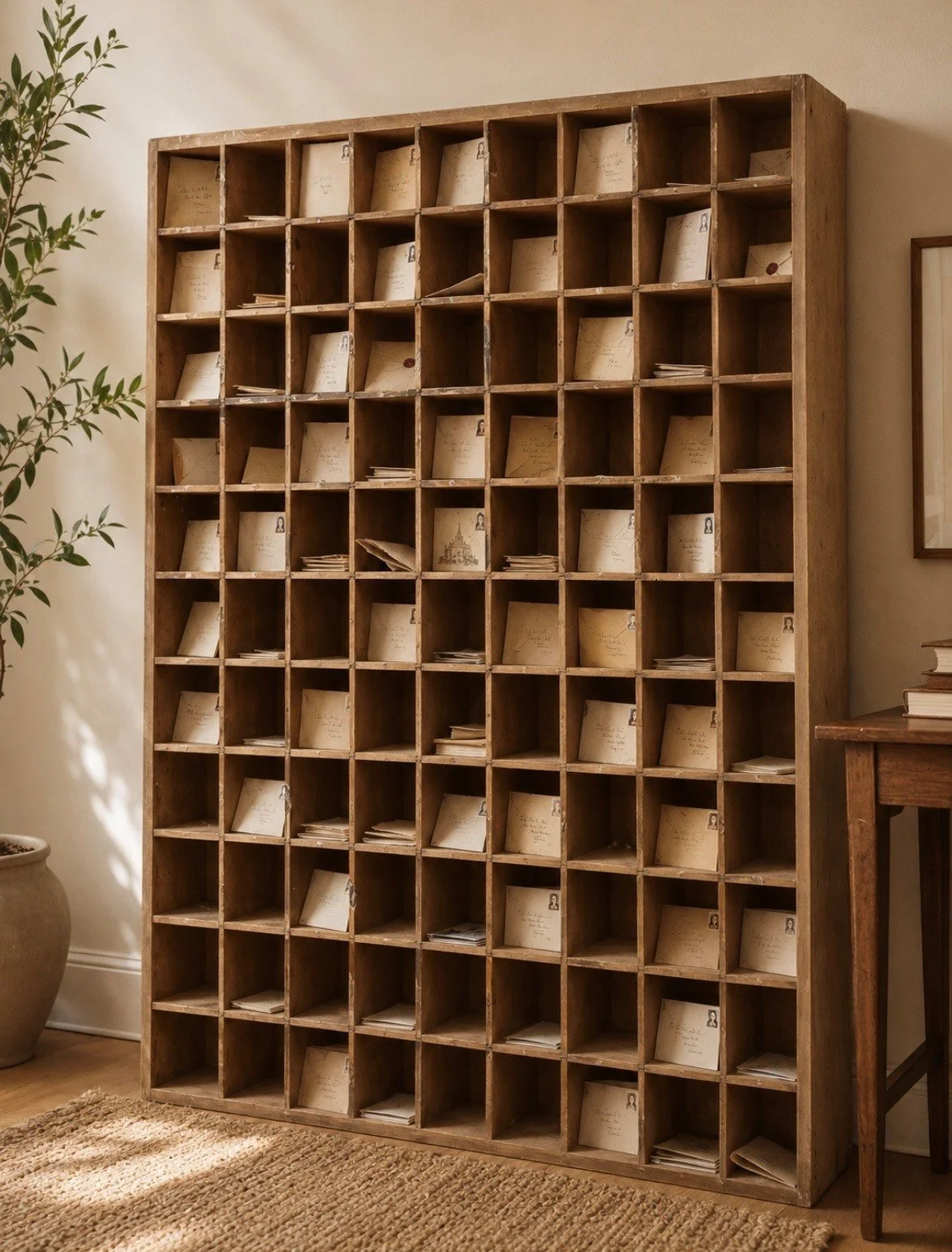 A large wooden mail sorter with multiple cubbyholes filled with letters and packages.   Your letter to your future self is securely and privately stored in the collective archive for one year until it is returned to you by mail.