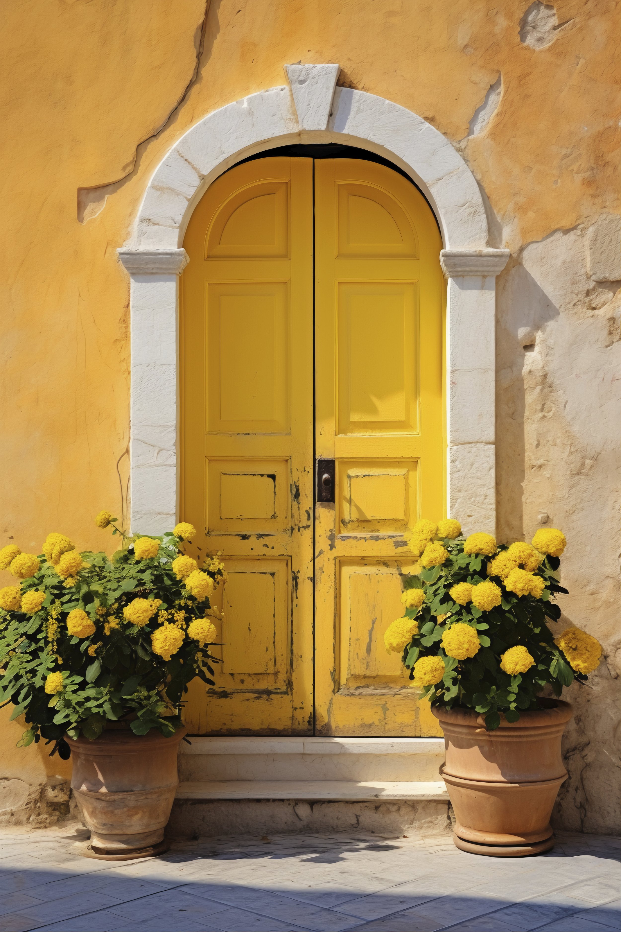A yellow wooden door with arched top, set in a stone frame. Two large terracotta pots with yellow flowering plants are on either side of the door, against an orange stucco wall with some peeling areas.