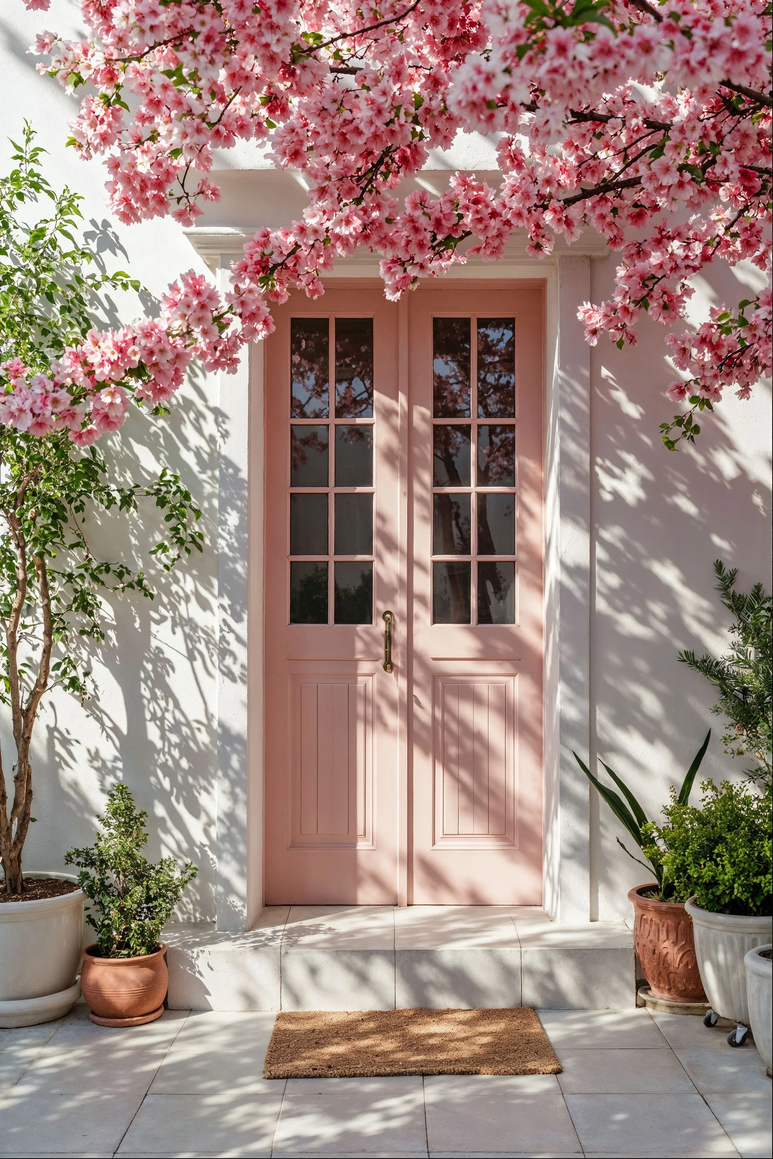 Pink door with glass panes in a white wall entrance, surrounded by flowering pink cherry blossoms and potted green plants, with a brown doormat in front.
